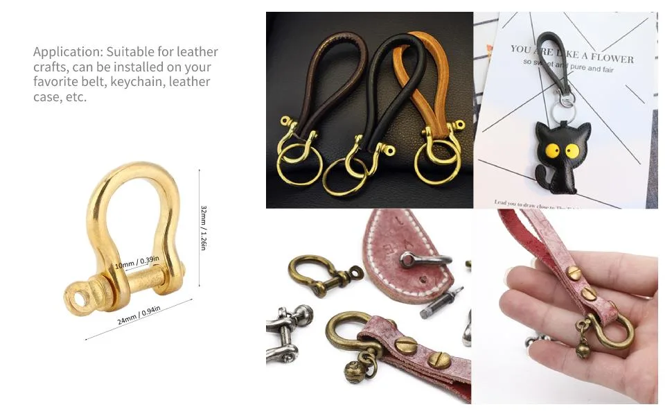 Hztyyier 2Pcs D-Ring Shackle Pure Brass Screw Pin Anchor Shackle Bow Shackle U Type Fob KeyHook, 10mm - D-Ring Shackle