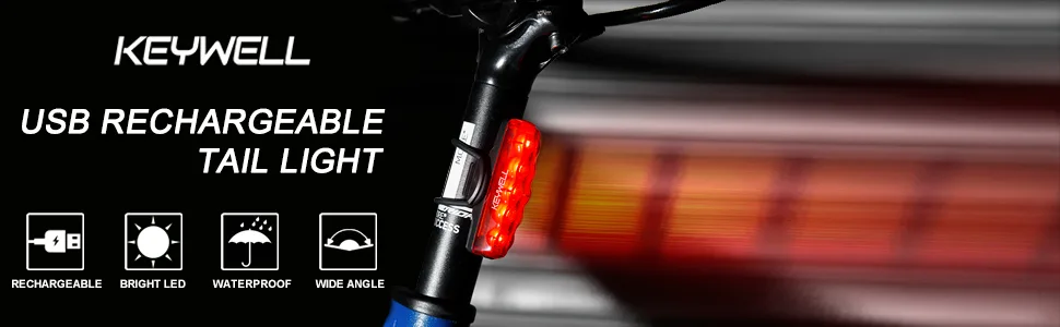 KEYWELL USB Rechargeable Bike Tail Light-Super Bright LED Bicycle Rear Light with Powerful Red Back Light for Cycling Safety Flashlight - Water Resistant - keywell bike tail light