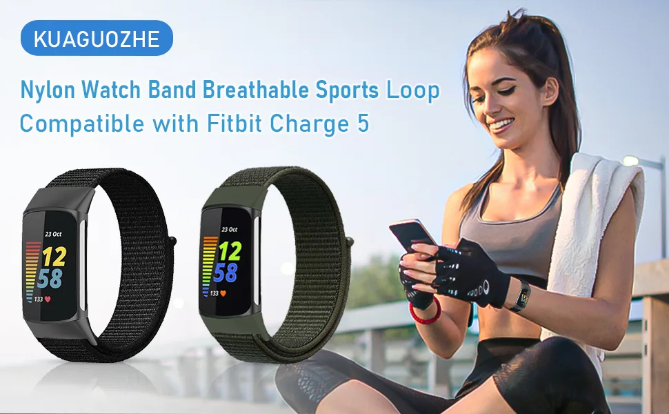Nylon Bands Only Compatible with Fitbit Charge 5 Bands, Soft Breathable Adjustable Replacement Nylon Loop Wristband Sport Strap for Women Men, Black, Large Large Black - product information 1