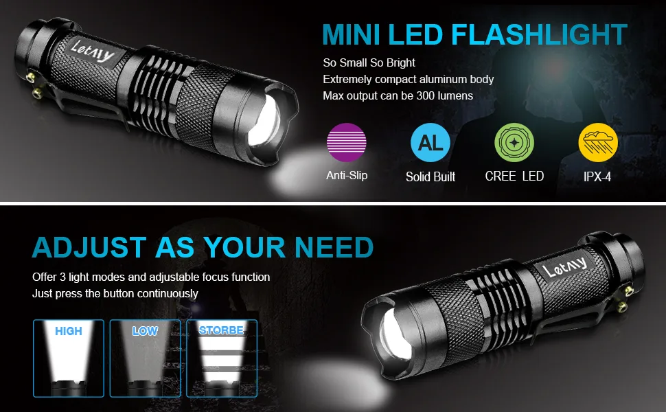 LETMY Tactical Flashlight, Super Bright LED Mini Flashlights with Belt Clip, Zoomable, 3 Modes, Waterproof - Best EDC Flashlight for Gift, Hiking, Camping, Hurricane & Power Outage (2 Pack) - product information 1