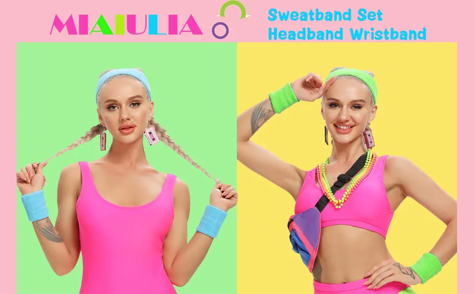 Sweatbands (Headband/Wristband Set) for Working Out,80's Costume Party Neon Pink - miaiulia