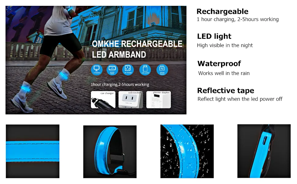 OMKHE Running Light for Runners (2 Pack) Rechargeable LED Armband Reflective Running Gear, LED Light Up Band for Joggers Bikers Walkers blue - product information 1