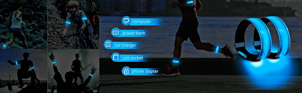 OMKHE Running Light for Runners (2 Pack) Rechargeable LED Armband Reflective Running Gear, LED Light Up Band for Joggers Bikers Walkers blue - product information 2