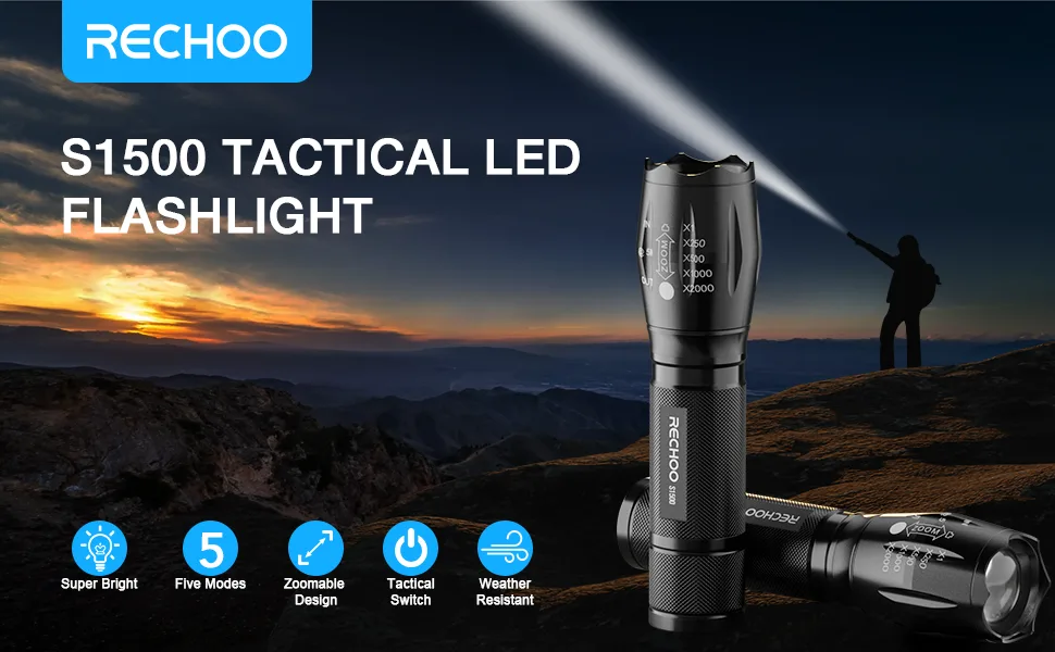 RECHOO Tactical Flashlights 2 Pack, Bright Zoomable LED Flashlights High Lumens with 5 Modes, Portable Small Flash Light for Emergency, Camping, and Outdoor Use - Super bright flashlights