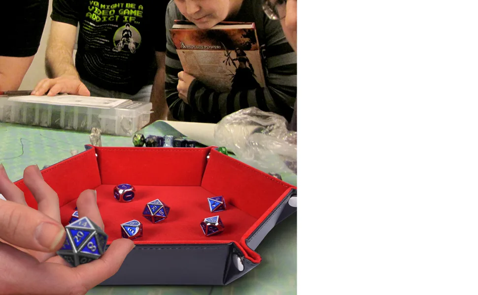 RNK Gaming Folding Hexagon Dice Tray PU Leather and Red Velvet for dice Rolling Games Like DND d&d - Hexagonal Dice Tray
