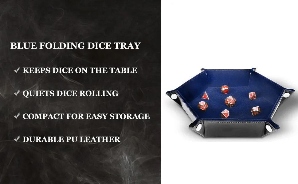 RNK Gaming Folding Hexagon Dice Tray PU Leather and Blue Velvet for dice Rolling Games Like DND d&d - blue folding PU leather dice tray