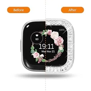 Surace Compatible for Fitbit Versa 2 Case, Bling Crystal Diamond Frame Protective Case Compatible for Fitbit Versa 2 Smart Watch (3 Packs, Black/Silver/Clear Black/Silver/Clear Fibit Versa 2 - product information 2