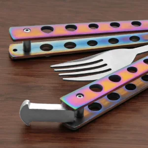 SZCO Supplies 9 Rainbow Finished Butterfly-Open Style Travel/Camping Fork (211520-RB) - Butterfly Fork Secure Latch