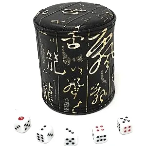THY COLLECTIBLES Dice Cup with 5 Dices, PU Leather Professional Dice Shaker Cup Set for Yahtzee / Craps / Backgammon or Other Dice Games Chinese Calligraphy Design - Dice Cup with 5 Dices