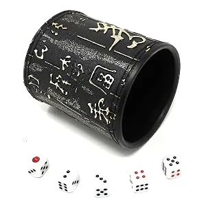 THY COLLECTIBLES Dice Cup with 5 Dices, PU Leather Professional Dice Shaker Cup Set for Yahtzee / Craps / Backgammon or Other Dice Games Chinese Calligraphy Design - Dice Cup with 5 Dices