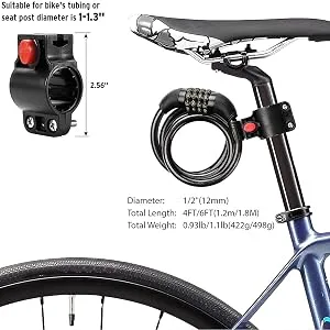Titanker Bike Lock Cable, Kids Bike Cable Basic Self Coiling Combination Cable Bike Locks with Complimentary Mounting Bracket, 1/2 Inch Diameter Clear Black-4FT - CABLE LOCK