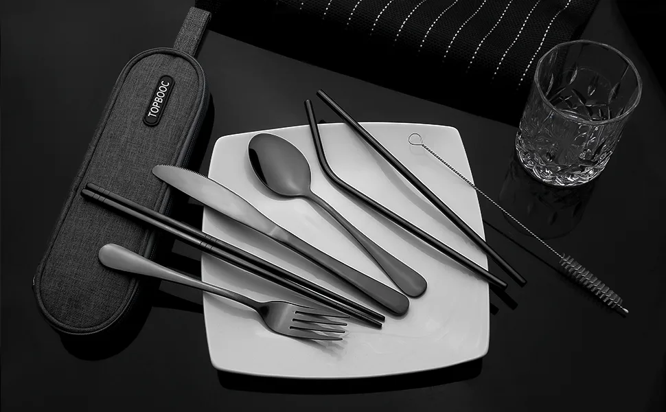 Portable Stainless Steel Flatware Set, Travel Camping Cutlery Set, Portable Utensil Travel Silverware Dinnerware Set with a Waterproof Case (Black) - Black portable utensils
