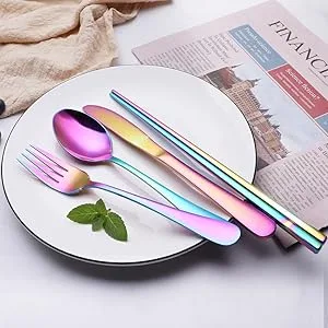 Portable Stainless Steel Flatware Set, Travel Camping Cutlery Set, Portable Utensil Travel Silverware Dinnerware Set with a Waterproof Case (Black) - Rainbow flatware set