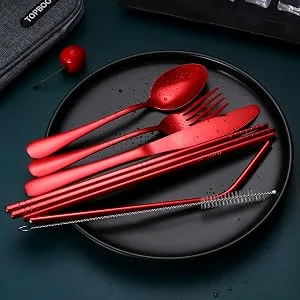Portable Stainless Steel Flatware Set, Travel Camping Cutlery Set, Portable Utensil Travel Silverware Dinnerware Set with a Waterproof Case (Black) - Red Portable Utensils
