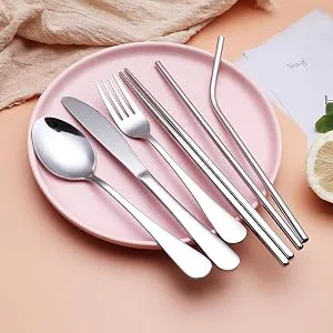 Portable Stainless Steel Flatware Set, Travel Camping Cutlery Set, Portable Utensil Travel Silverware Dinnerware Set with a Waterproof Case (Black) - Silverware set