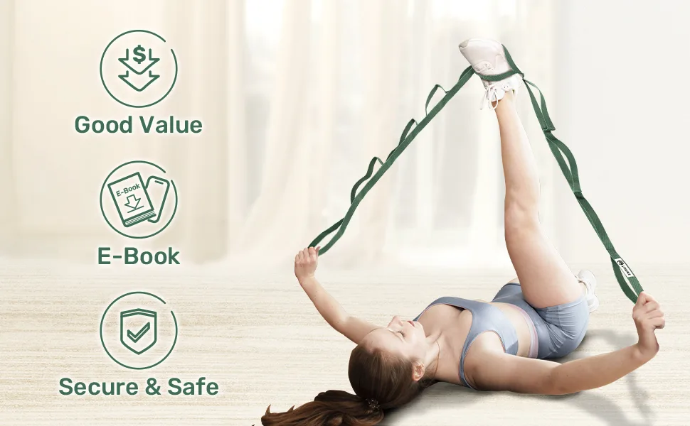Tumaz Stretching Strap - 10 Loops & Non-Elastic Yoga Strap Budget Version- The Perfect Home Workout Stretch Strap for Physical Therapy, Yoga, Pilates, Flexibility - Included E-Book, Extra Durable 08. Green - Good Value