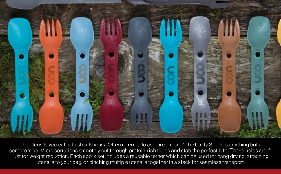 UCO Utility Spork 3-in-1 Combo Spoon-Fork-Knife Camping Utensil, 4-Pack Venture - features