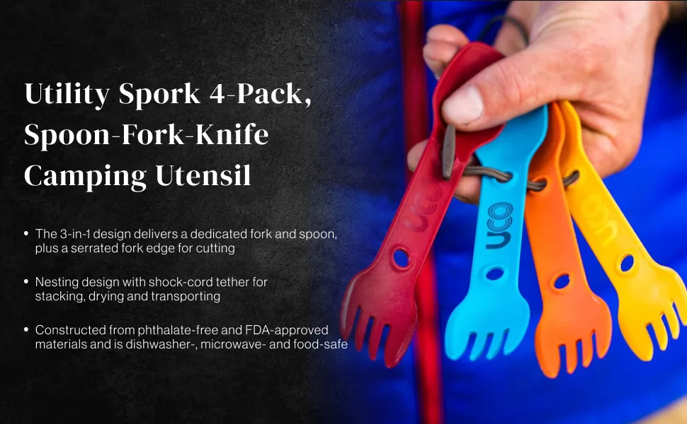UCO Utility Spork 3-in-1 Combo Spoon-Fork-Knife Camping Utensil, 4-Pack Venture - utility spork 4 pack
