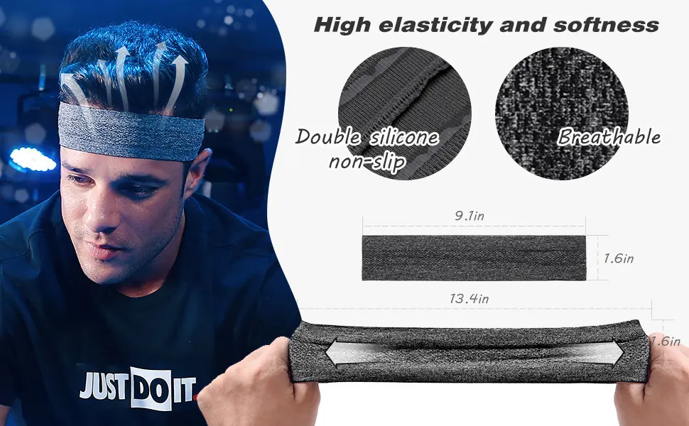 Vsiopy Running Headband for Men Non Slip Workout Sweatbands Adjustable Sports Headbands Moisture Wicking Workout Headbands 3 Black+3 Grey - High Elasticity and Softness Sport Headband for Men