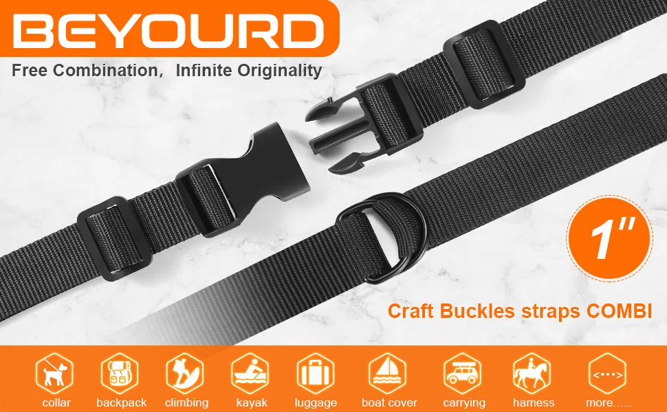 Buckles Strap 1 Inch: Nylon Webbing Straps 6 Yards, Quick Side Release Plastic Buckle Dual Adjustable 6 Pack, Tri-Glide Slide Clip 12 PCS, Metal D Rings 6 PCS, Heavy Duty, Black - BEYOURD Webbing Buckle COMBI 1 Inch