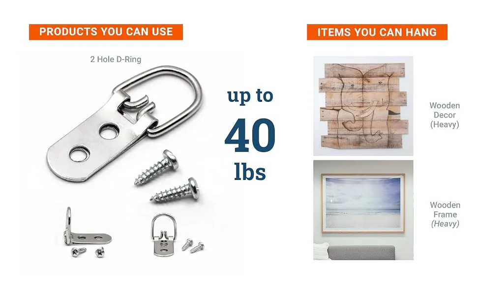 D Ring Picture Hangers with Screws - 100 Pack - Bulk D Rings - Pro Quality d-Rings - Picture Hang Solutions - Hang Items Up To 40 Lbs With Lightweight D-rings