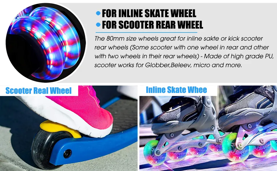 Kutrick Light Up 80mm Inline Skate Wheels and Kick Scooter 80mm Rear Wheels Replacement Pair - 80mm Led Flashing Wheels Replacement for Inline Skate and Kick Scooter BLACK/2pcs with Light 80mm - product information 1