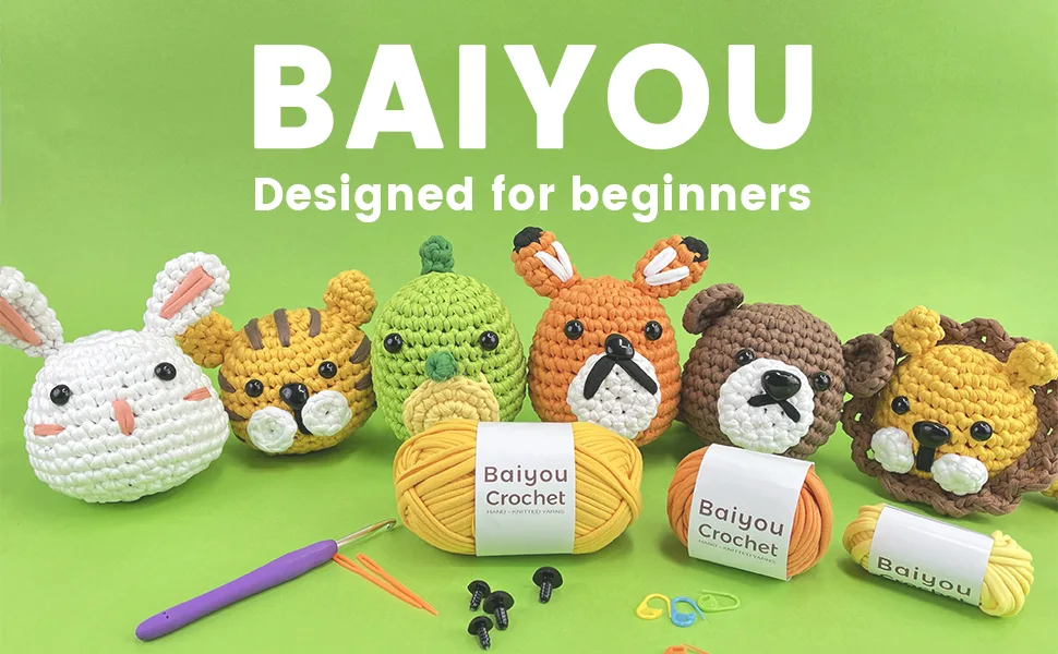 Cute Dinosaur Crochet Kit for Beginners, Beginner Crochet Starter Pack Kit for Complete Beginners Adults, Crocheting Knitting Kit - Baiyou Designed for Beginners
