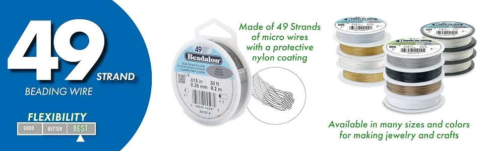 Beadalon 49 Strand Stainless Steel Bead Stringing Wire.018 in / 0.46 mm, Bright, 30 ft / 9.2 m Bright .018 in / 0.46 mm, 30 ft / 9.2 m - 49 strand Beading wire