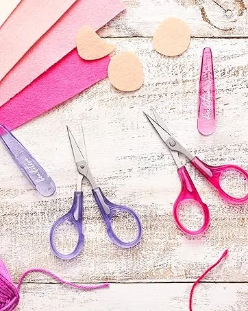 Beaditive Sewing and Embroidery Scissors Set (2 Pc.) Curved and Straight, Sharp, Stainless-Steel Design | Precision Tips, Ergonomic Rubber Handle Grip | Small, Compact DIY Use (Extra Sharp) - S-728 pink and purple