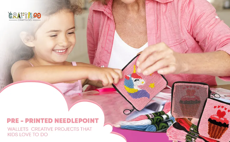 Pre Printed Needlepoint Wallet Kit for Kids Embroidery Arts and Crafts Set Cross Stitch Sewing Latch Hook Kit (Unicorn) - product information 2