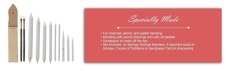 Creative Mark Complete Blending Set - Includes Sponge Blenders, Blending Stumps, & Sandpaper Pad - Great for Charcoal, Pencil, & Pastel Blending - For charcoal, pencil, and pastel blending, Art, Drawings, Sandpaper to clean off the tips