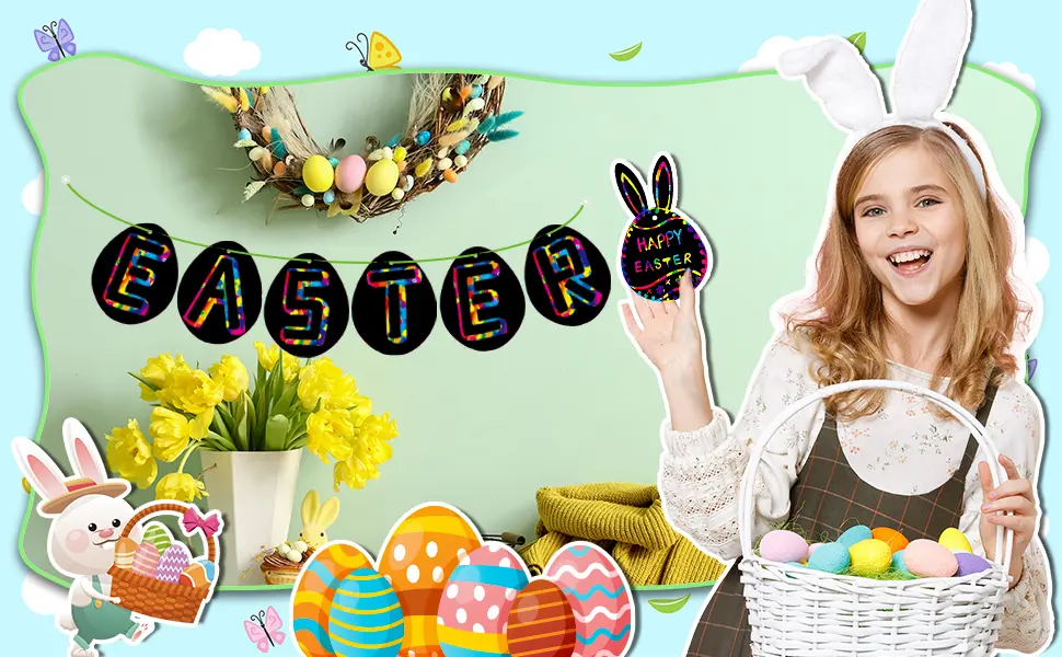 Happy Storm Easter Crafts for Kids 48 Sets Easter Scratch Arts and Crafts for Kids Ages 4-8 Rainbow Easter Scratch Paper Bunny Eggs Chicks Easter Crafts Ornaments Decorations for Easter Scratch Art - product information 2