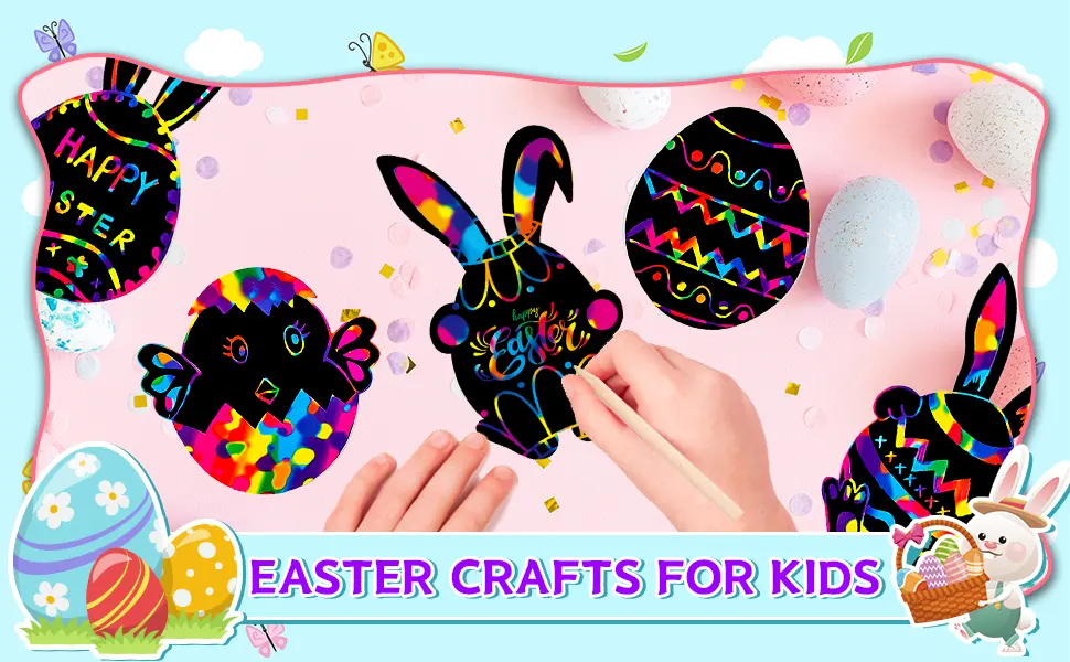 Happy Storm Easter Crafts for Kids 48 Sets Easter Scratch Arts and Crafts for Kids Ages 4-8 Rainbow Easter Scratch Paper Bunny Eggs Chicks Easter Crafts Ornaments Decorations for Easter Scratch Art - product information 3