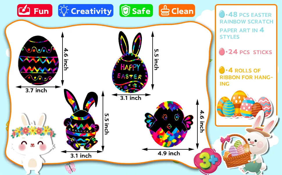 Happy Storm Easter Crafts for Kids 48 Sets Easter Scratch Arts and Crafts for Kids Ages 4-8 Rainbow Easter Scratch Paper Bunny Eggs Chicks Easter Crafts Ornaments Decorations for Easter Scratch Art - product information 4