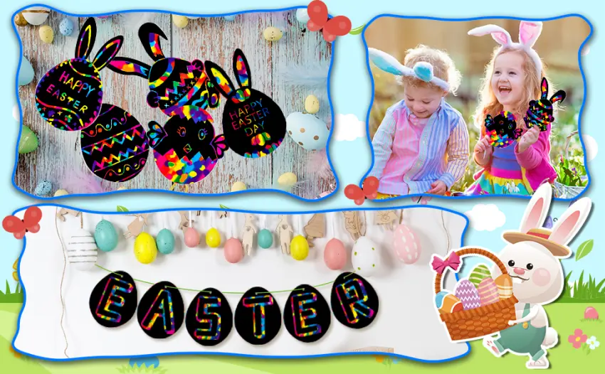 Happy Storm Easter Crafts for Kids 48 Sets Easter Scratch Arts and Crafts for Kids Ages 4-8 Rainbow Easter Scratch Paper Bunny Eggs Chicks Easter Crafts Ornaments Decorations for Easter Scratch Art - product information 5