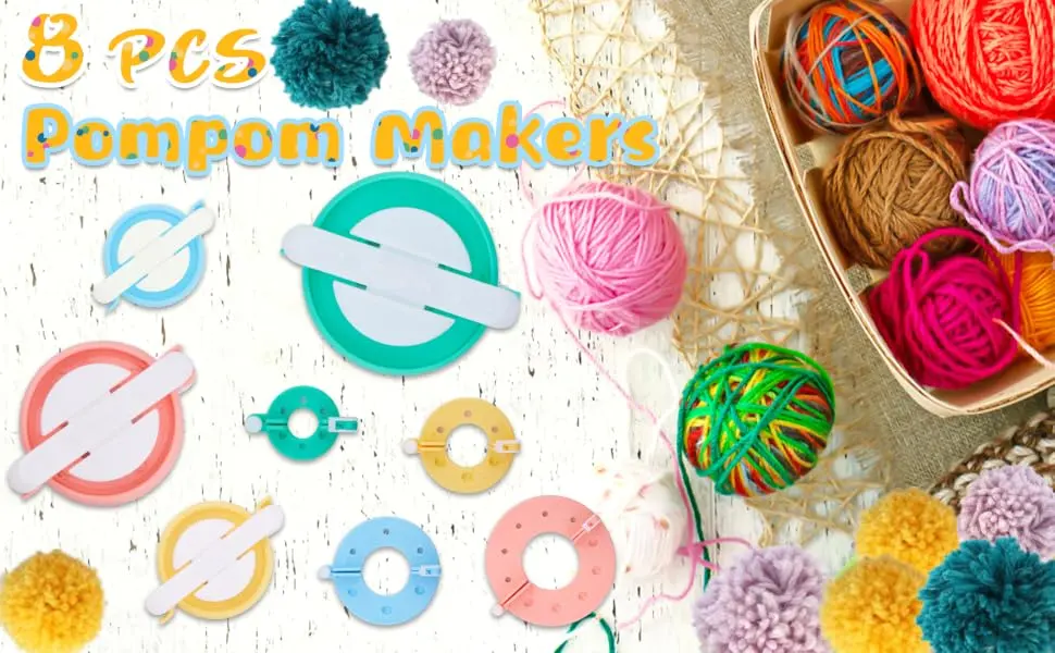 JOERSH 2 Set Pompom Makers of 6 Sizes, 50 PCS Pom Pom kit Includes 8 PCS Pom Pom Maker, 2 PCS Thread Cutter Scissors, 40 PCS Plastic Needles for Fluff Ball Weave DIY Wool Yarn Knitting 2 Sets - Pompom Maker Kits