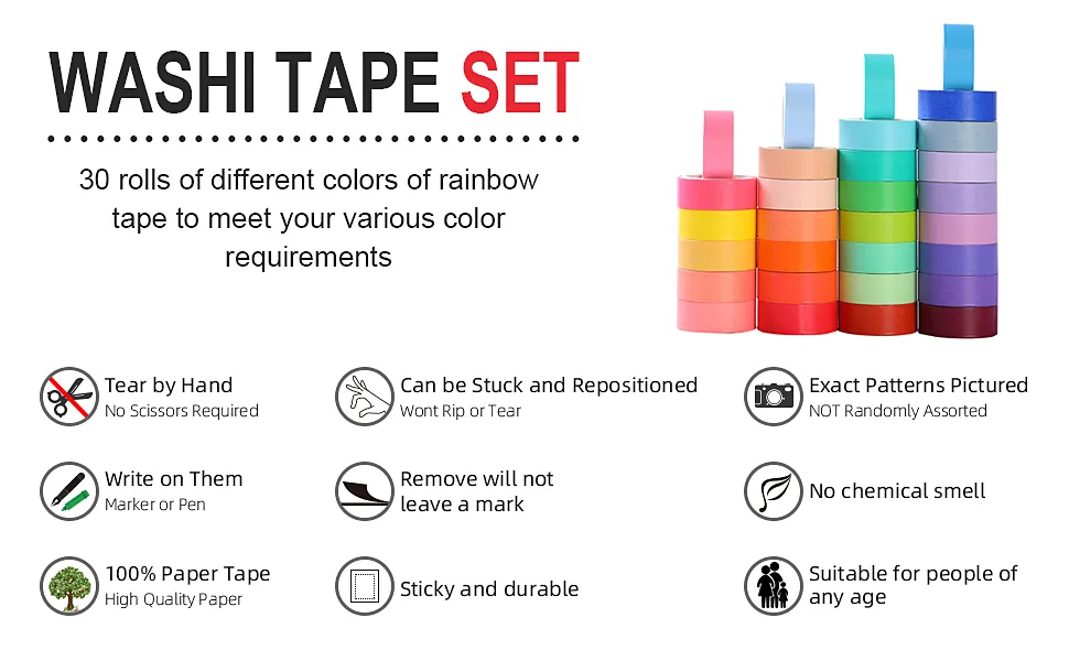 30 Rolls Washi Masking Tape Set, 15mm Wide Colorful Rainbow, Decorative Writable Craft Tape for DIY Scrapbook Designs - product information 2