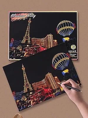 Magic Scratch Art Paper, Mini Envelope Postcard, Rainbow Night View Scratchboard for Adults and Kids, Art & Crafts Set: 12Sheets Scratch Cards & 7 Tools Drawing Pen, Clean Brush (Colorful Fireworks) - scratch paper