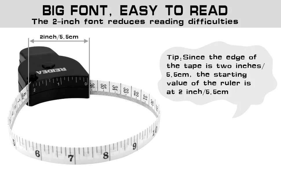 Body Measure Tape 60inch (150cm), Lock Pin and Push-Button Retract, Ergnomic and Portable Design, REIDEA M1, Black - Easy to Read