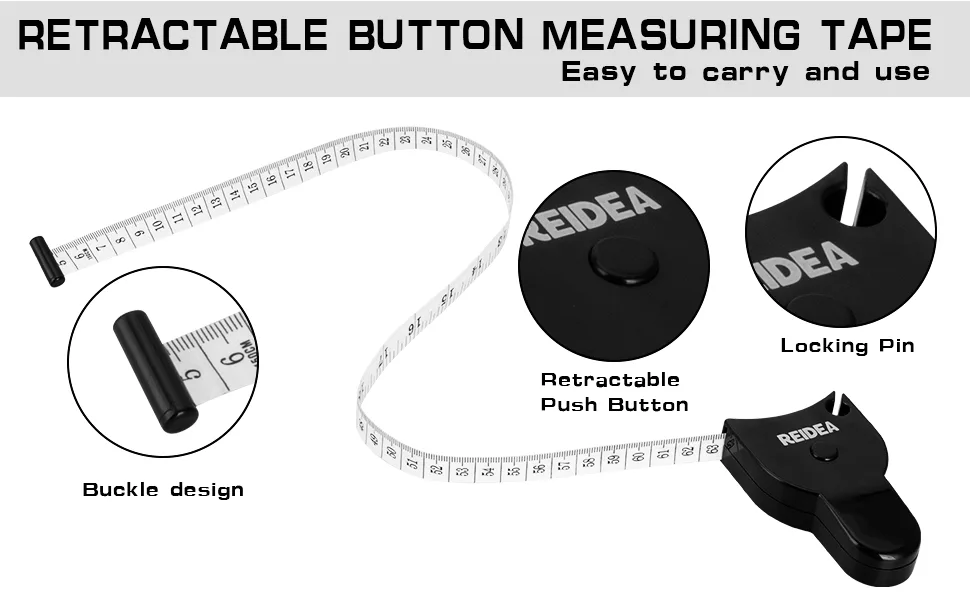 Body Measure Tape 60inch (150cm), Lock Pin and Push-Button Retract, Ergnomic and Portable Design, REIDEA M1, Black - New Design