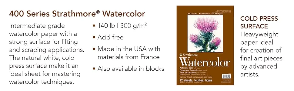 Strathmore Watercolor Paper Pad 9"X12"-140lb Cold Press 12 Sheets -62440100 9x12 Wire Binding - watercolor