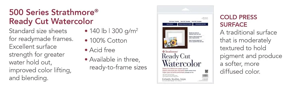 Strathmore 140-305 500 Series Ready Cut Watercolor Paper, 140 lb. Hot Press, 5"x7", 25 Sheets, Multicolor Ready Cut, Hot Press 5x7 - Ready Cut Watercolor