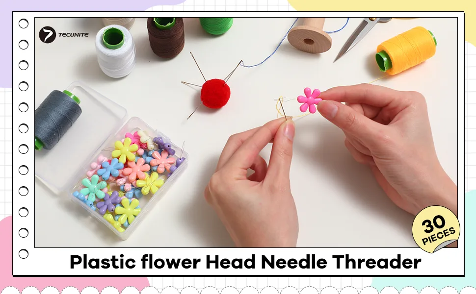 TecUnite 30 Pieces Needle Threaders with Clear Box Multicolor Plastic Flower Head Wire Loop Needle Threader for Hand Sewing - product information 1