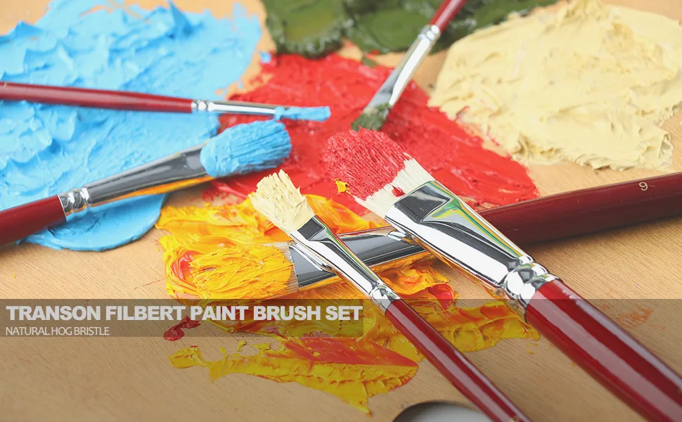 Transon Hog Bristle Filbert Paint Brush Set Long-Handle 6pcs for Oil Acrylic Art Painting - TRANSON filbert painting brush