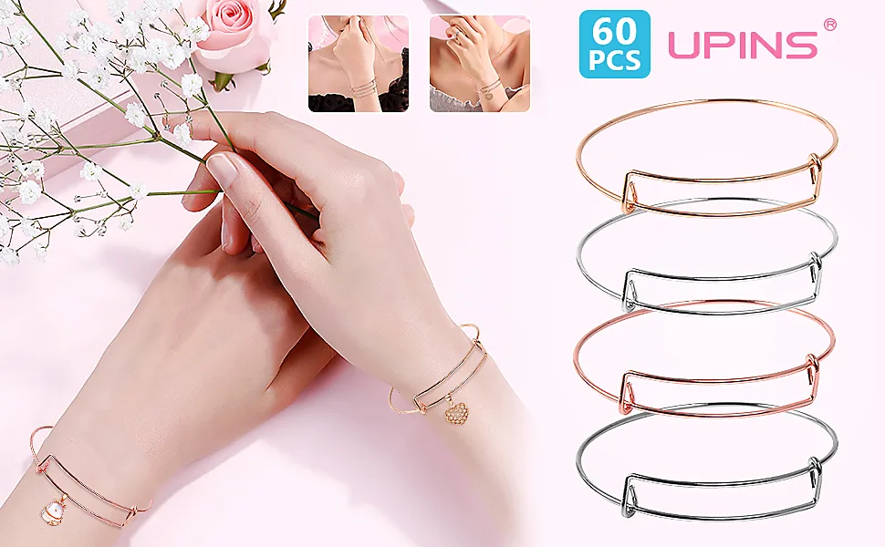 UPINS 60 Pcs Expandable Bangle Bracelets Adjustable Wire Bracelets 4 Colors - Bangle Bracelets