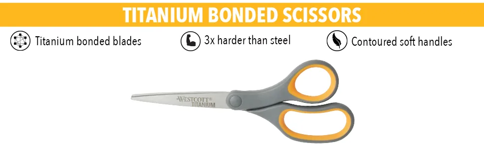 Westcott Titanium Bonded Scissors, Soft Handle, 8", Straight, Gray/Yellow, 4-Pack - Titanium Bonded Scissors