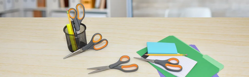 Westcott Titanium Bonded Scissors, Soft Handle, 8", Straight, Gray/Yellow, 4-Pack - Westcott Titanium Bonded Scissors on Desk with Paper, Pencil Holder and Office Supplies