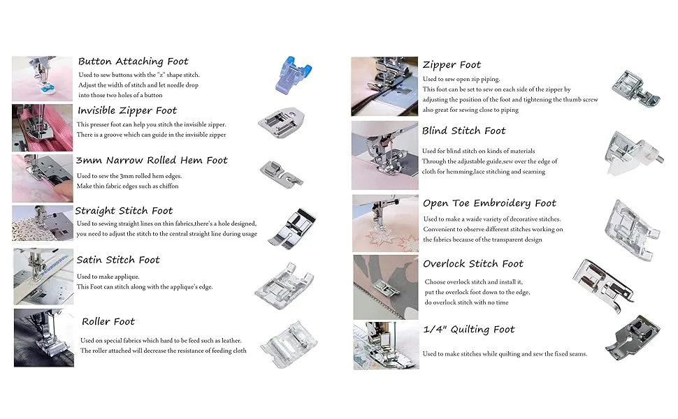 Presser Feet Set 11Pcs Snap On Sewing Machine Foot for Brother Singer Janome Babylock Kenmore Low Shank Sewing Machine Use - product information 2