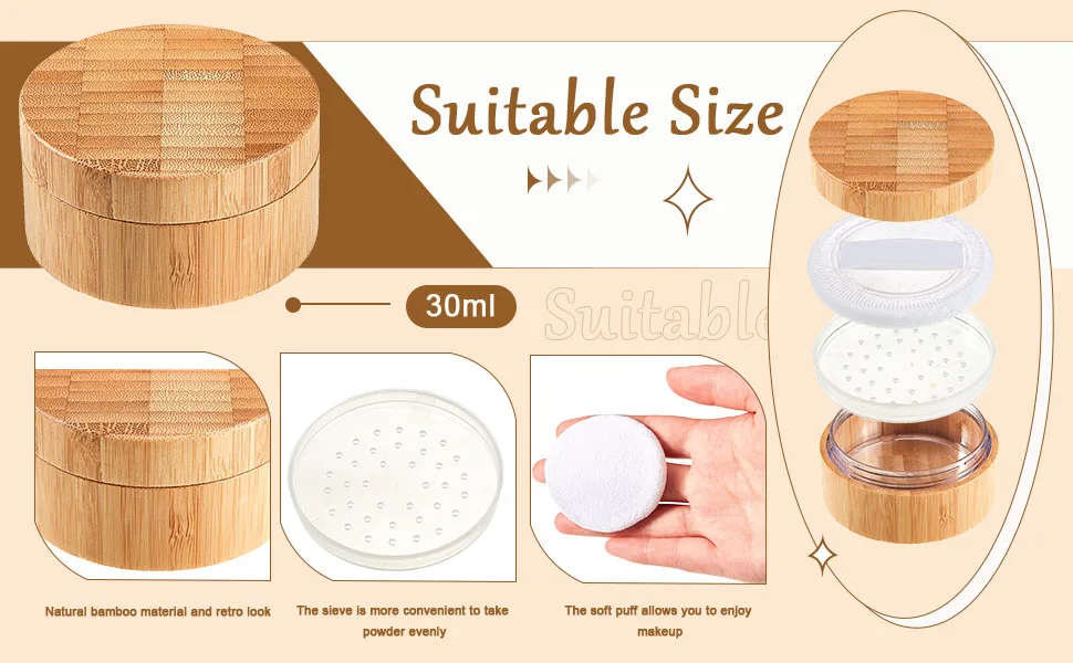 Frienda 30 ml Empty Loose Powder Container Bamboo Cosmetic Make-up Loose Powder Box Case Holder with Sifter Lids and Powder Puff - product information 2