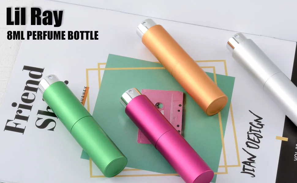 Lil Ray 8ML Portable Mini Perfume Atomizer Spray Bottle(4 PCS), Travel Refillable Atomizer Sprayer for Perfume,Cologn, Fragrance with Twist Design (Matte Black&Rose Gold&Blue&Silver) 4 PCS SET C - 8ml perfume bottle 2